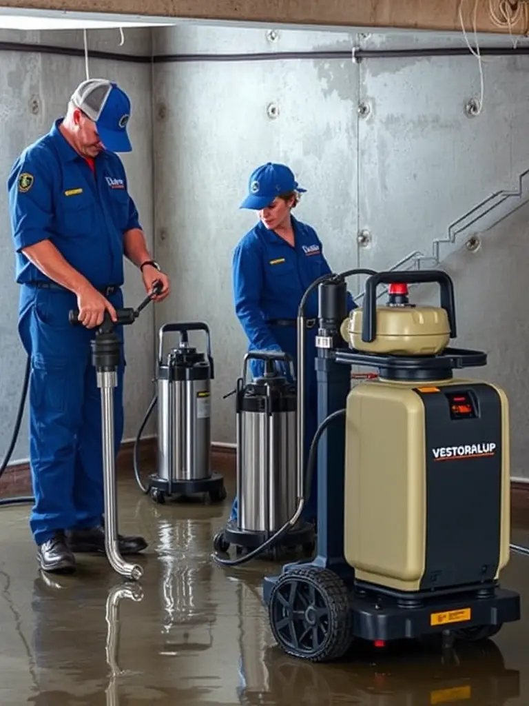 A photograph showcasing a team of TWM Water Restoration Katy professionals extracting water from a flooded basement using powerful submersible pumps and extraction units, highlighting their flood cleanup capabilities.
