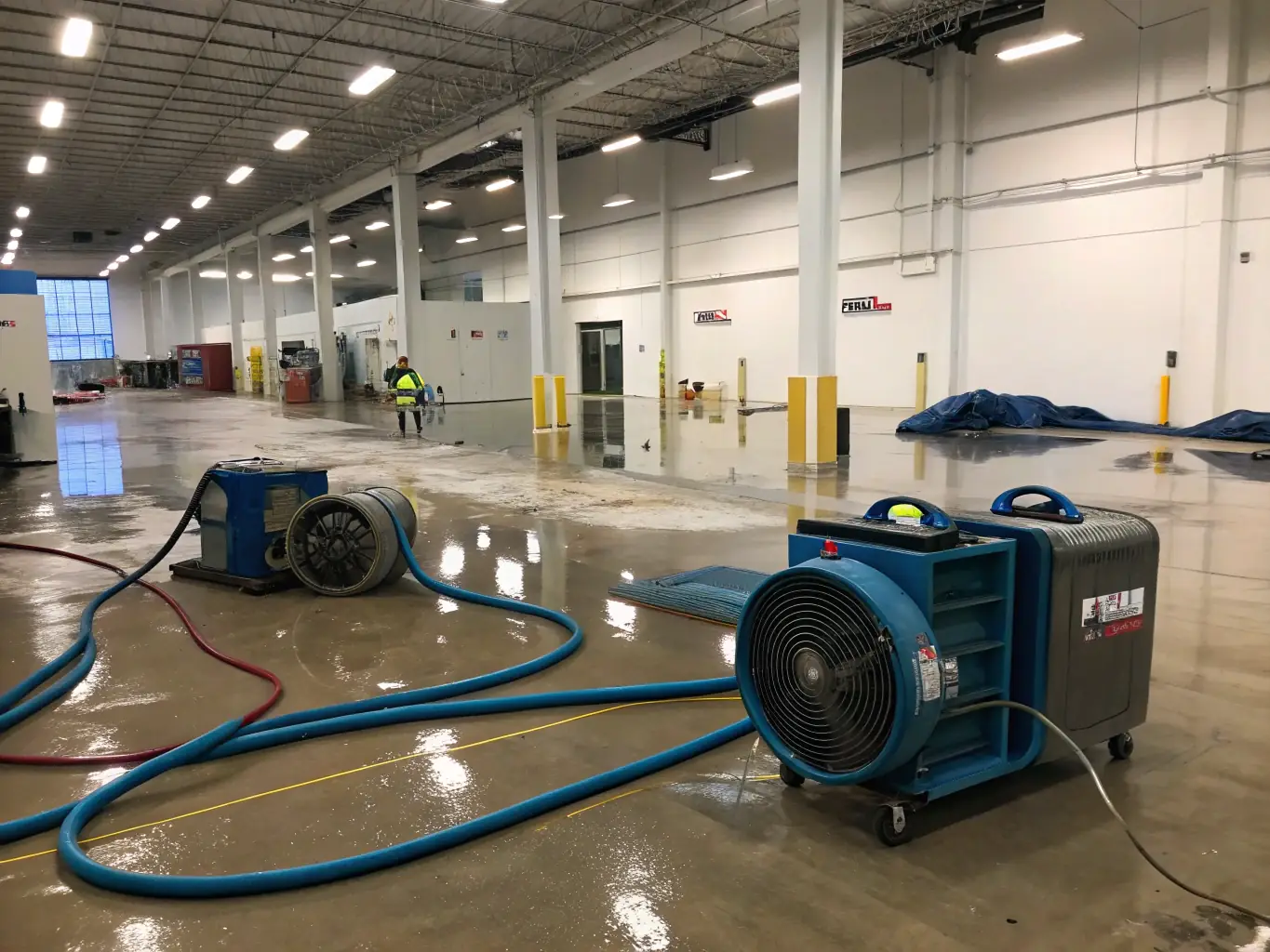 An image displaying industrial-grade dehumidifiers and air movers strategically placed in a water-damaged building to facilitate structural drying by TWM Water Restoration Katy.