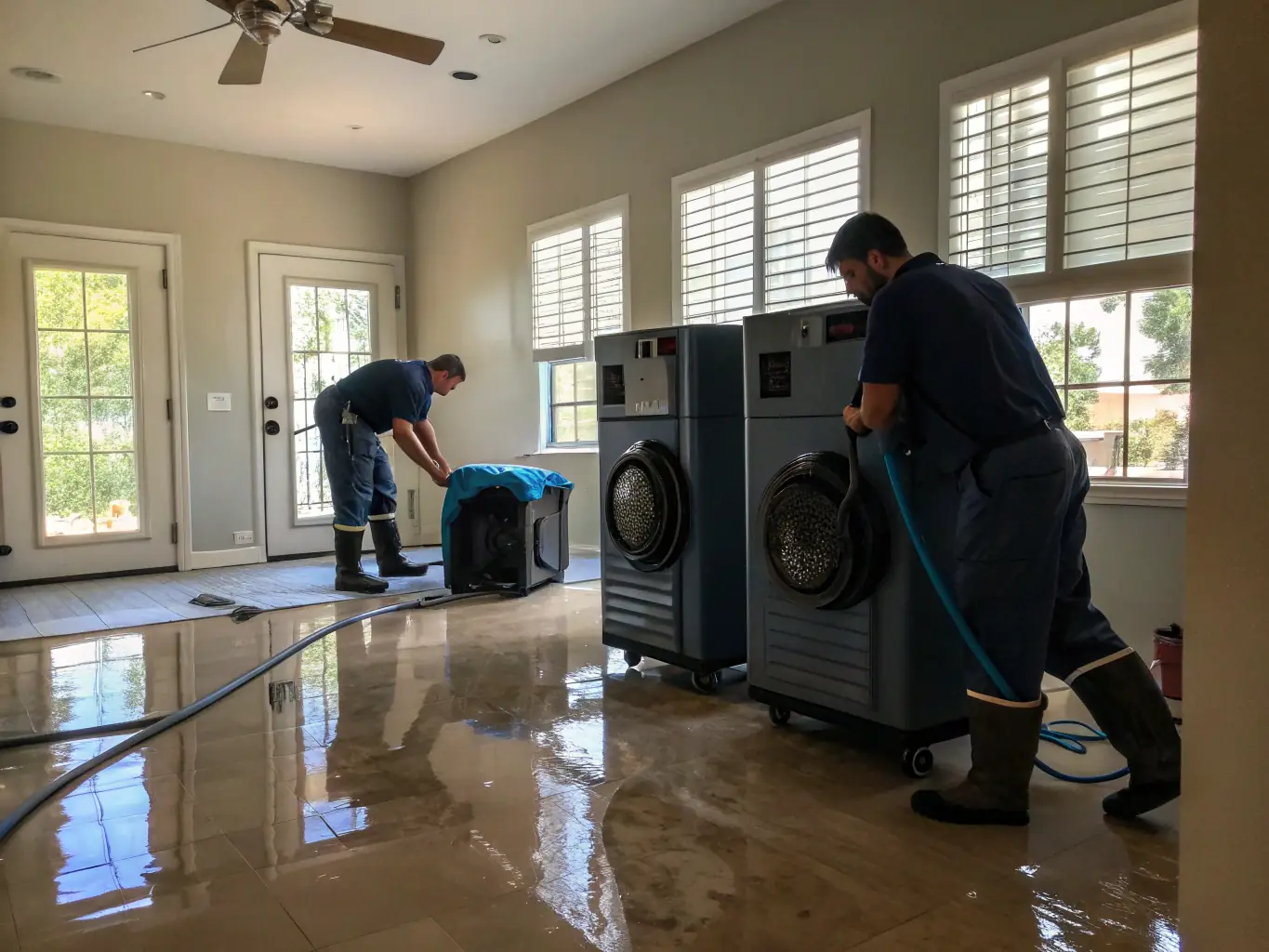 An image showing TWM Water Restoration Katy's team utilizing professional-grade drying equipment in a commercial building, emphasizing their capability to handle large-scale restoration projects.