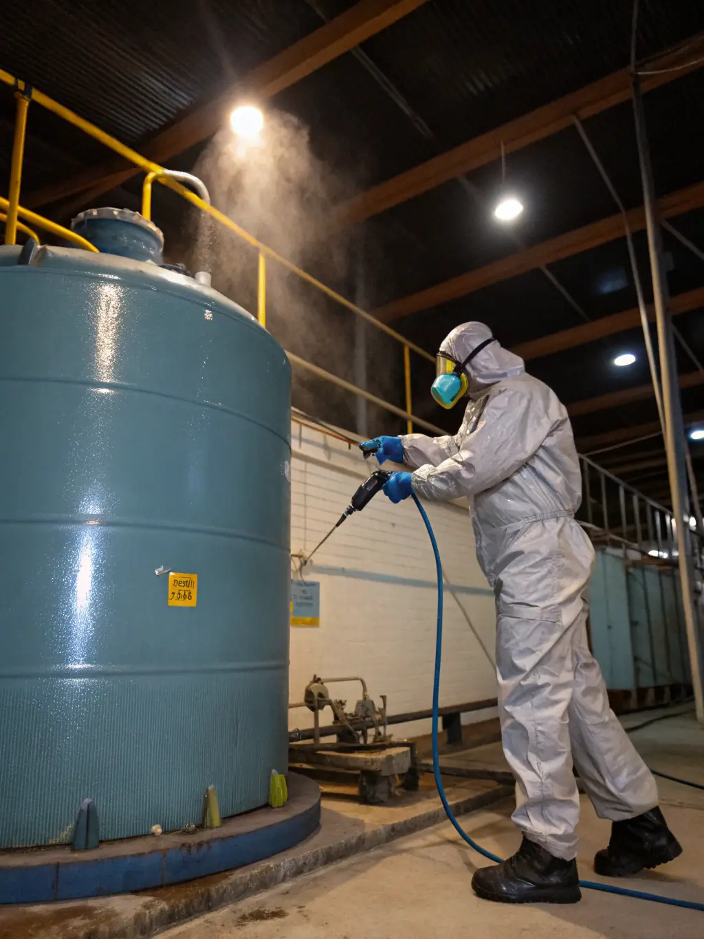 A picture showing a TWM Water Restoration Katy technician carefully sanitizing and cleaning a water-damaged area with specialized antimicrobial solutions, emphasizing their commitment to thorough sanitation.