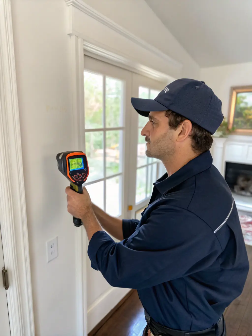A high-resolution photograph depicting a technician using advanced thermal imaging equipment to detect a hidden water leak behind a wall in a residential home, emphasizing the precision of TWM Water Restoration Katy's leak detection services.